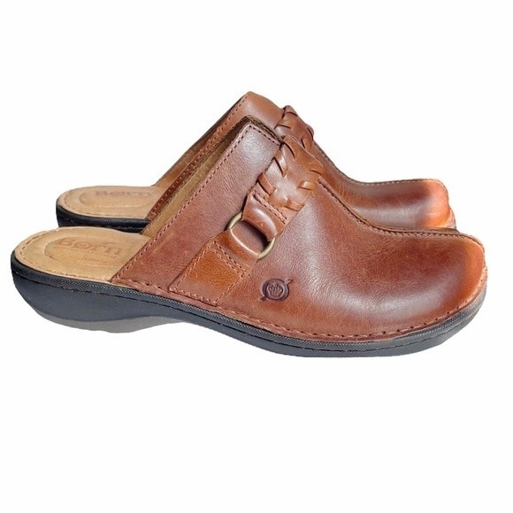 Born Mules Brown Leather Saddle Stich Braided Decorative Strap Women’s Size 7 - Picture 1 of 9